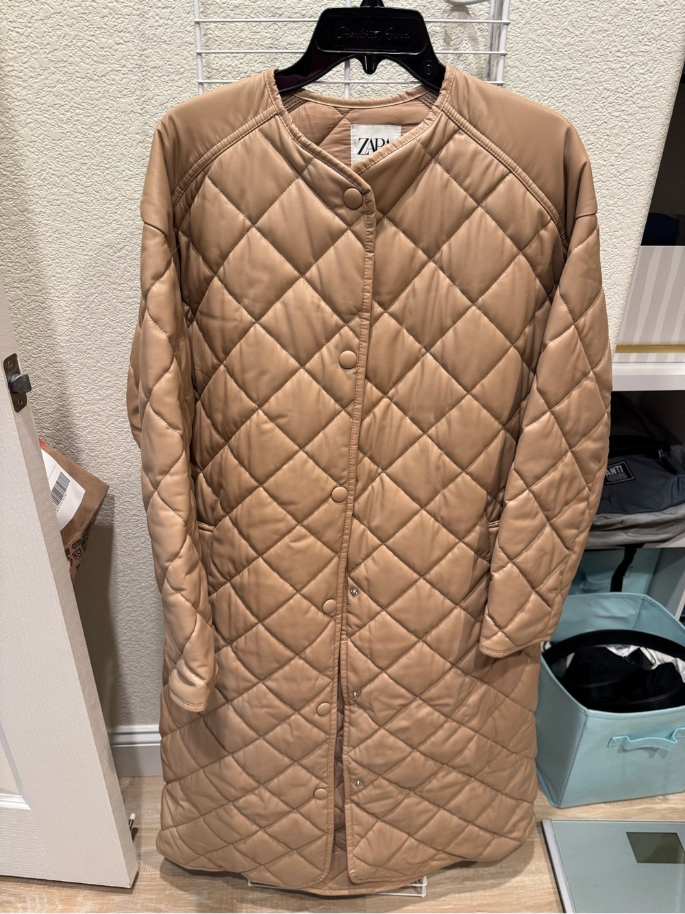 Zara Quilted Long Puffer Coat in Camel